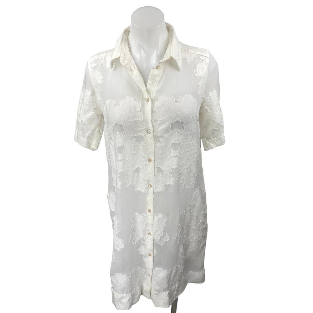 Aritzia Wilfred Hemistiche White Semi Sheer Short Sleeve Mini Shirt Dress Sz XS